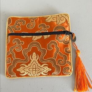 Satin Jewelry Pouch Orange Gold Brocade Zip Coin Purse Tassel